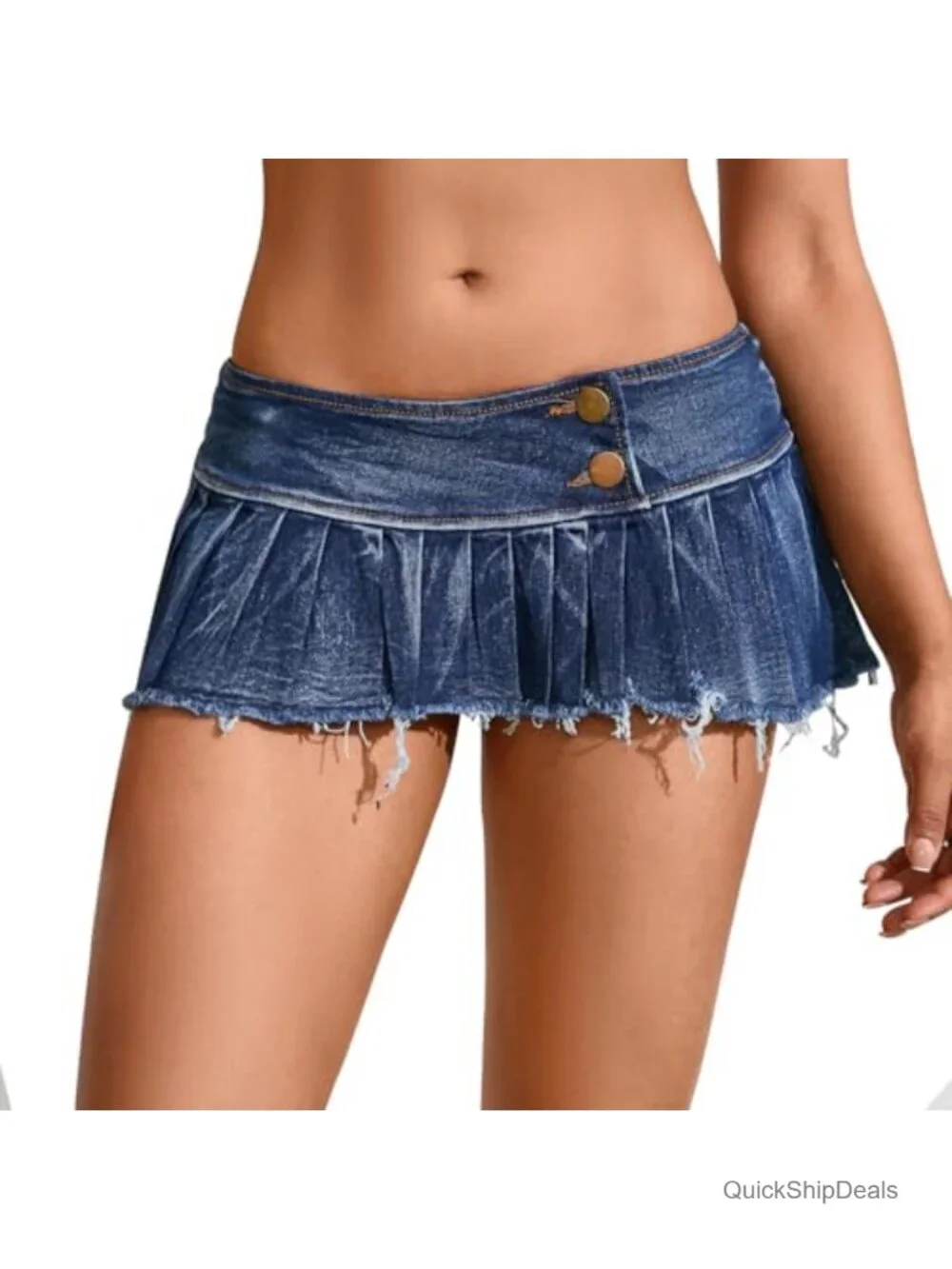 Low Rise Pleated Denim A Line Mini Skirt Raw Hem Frayed